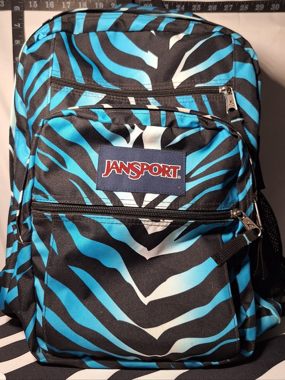 Jansport Backpack, Zebra Stripes, Black & Blue & White w/Blue Accents